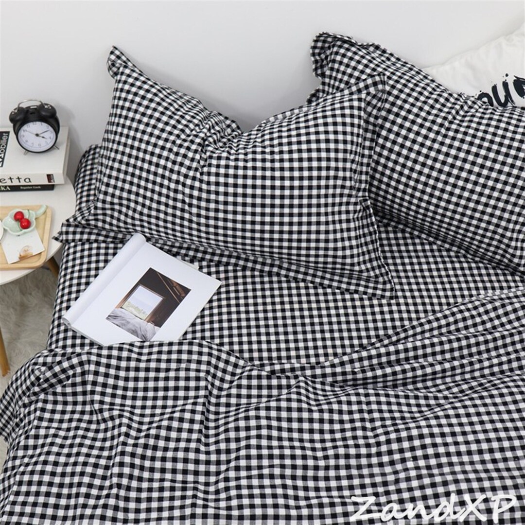 Black White Plaid Comforter Cover With Pillowcases, 100 Cotton Duvet