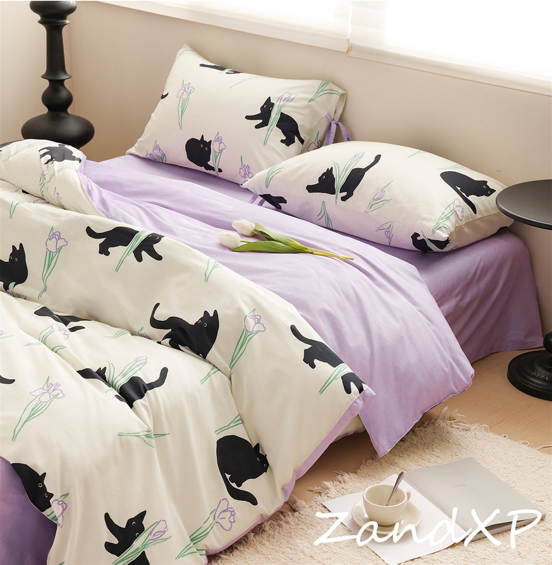 Cute Black Cat Duvet Cover Set,cartoon Floral Duvet Cover With