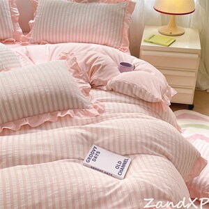 Pink Striped Duvet Cover, Ruffle Comforter Cover With Pillowcases ...