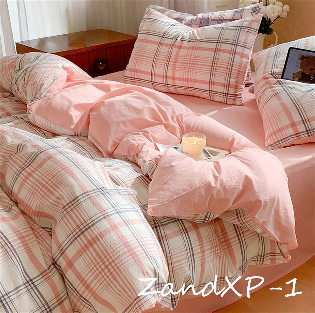 Girls Pink Duvet Cover Set,dreamlike Pink Plaid Duvet Cover,cotton