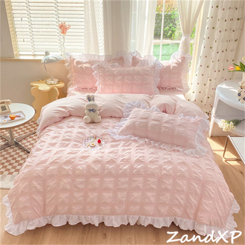 Pink Seersucker Duvet Cover Set 4pcs Washed Cotton Bedding Etsy