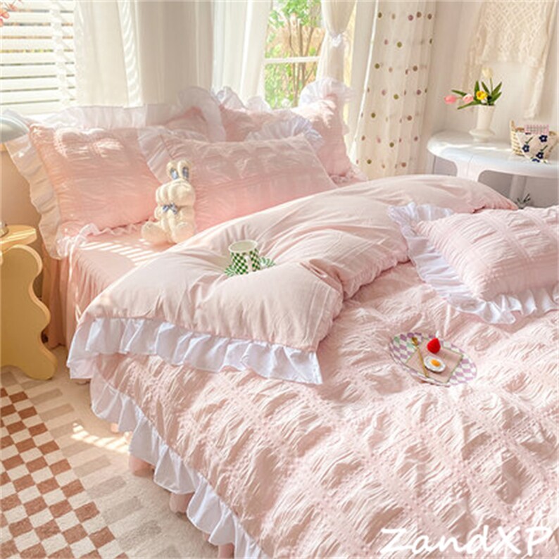 Pink Seersucker Duvet Cover Set 4pcs Washed Cotton Bedding Etsy