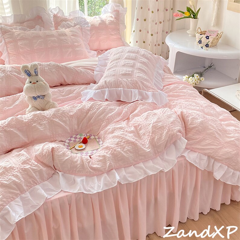 Pink Seersucker Duvet Cover Set 4pcs Washed Cotton Bedding Etsy