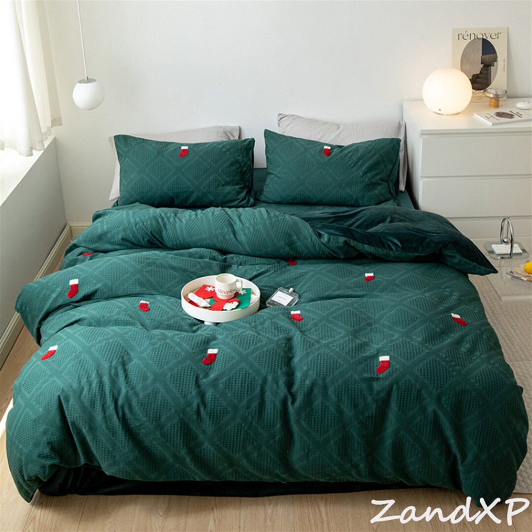 Dark Green Duvet Cover Warm Duvet Cover 2 Pillowcases Autumn Etsy