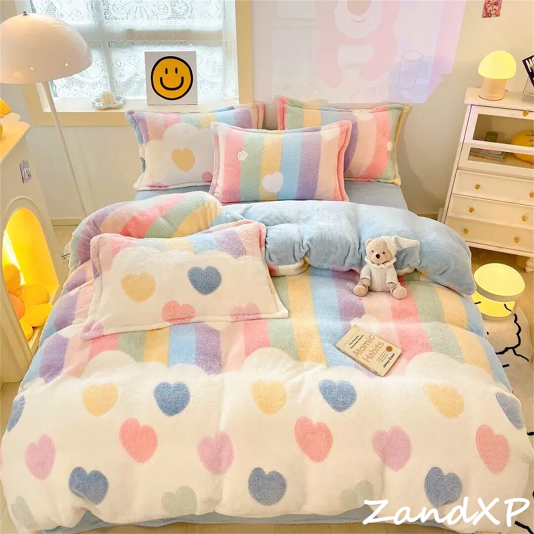 Heart Duvet Cover Set Rainbow Duvet Cover Warm Velvet Etsy