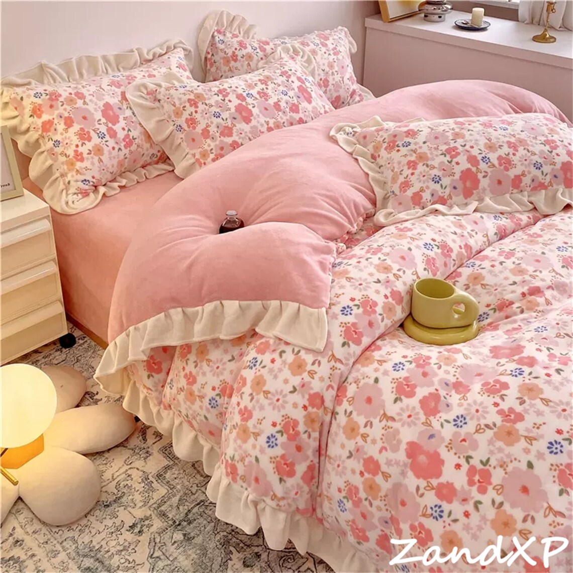 Pink Velvet Duvet Cover Set Warm Velvet Bedding Ruffled Duvet Etsy