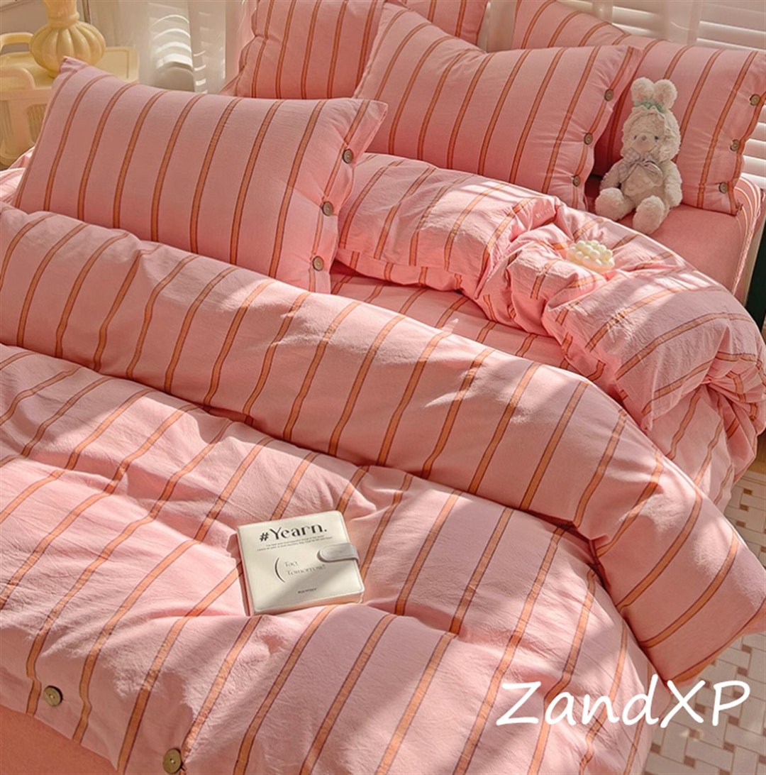 2024 Pink Striped Duvet Cover Set,girl Pink Duvet Cover,100cotton