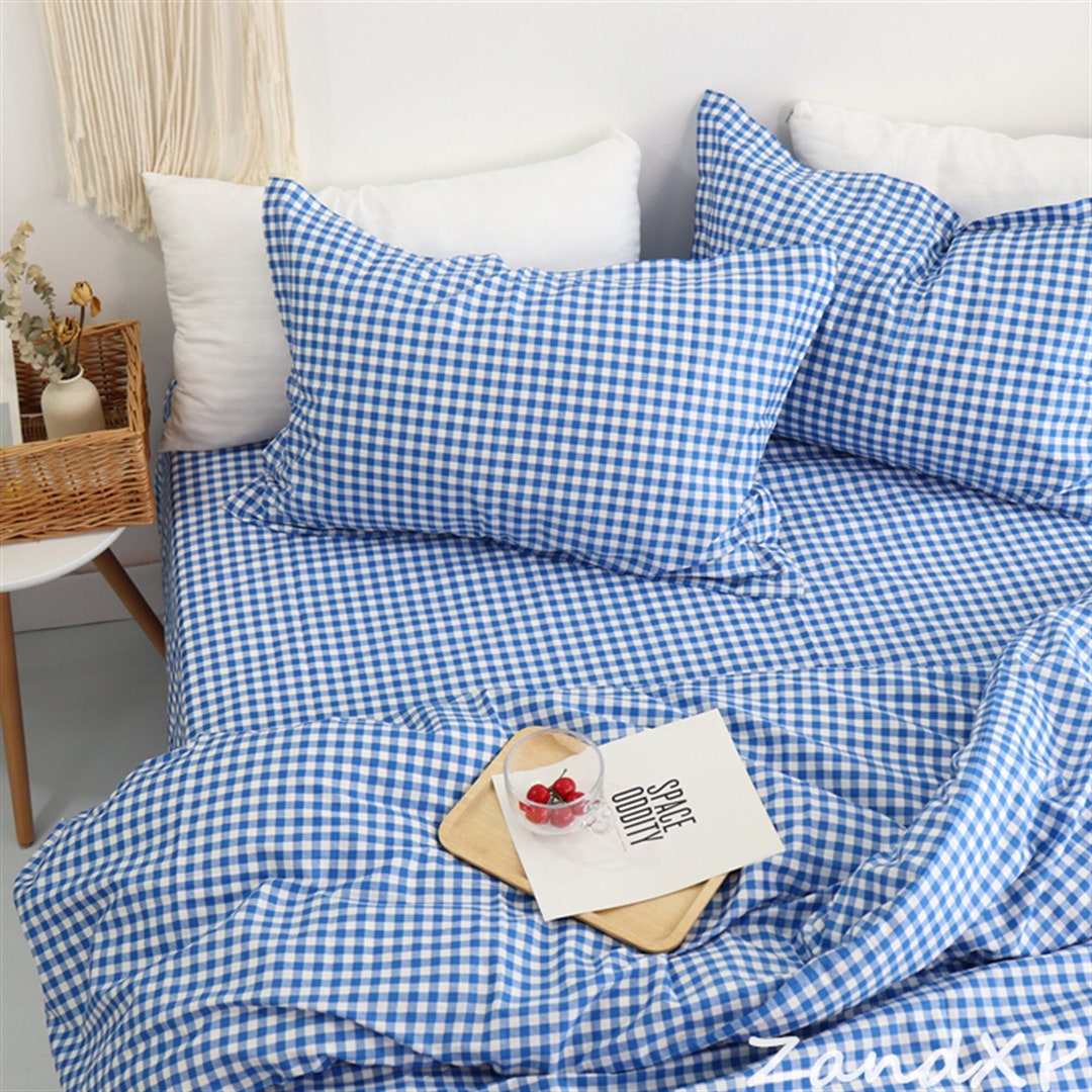 Blue Plaid Comforter Cover With Pillowcases 100 Cotton Duvet Etsy
