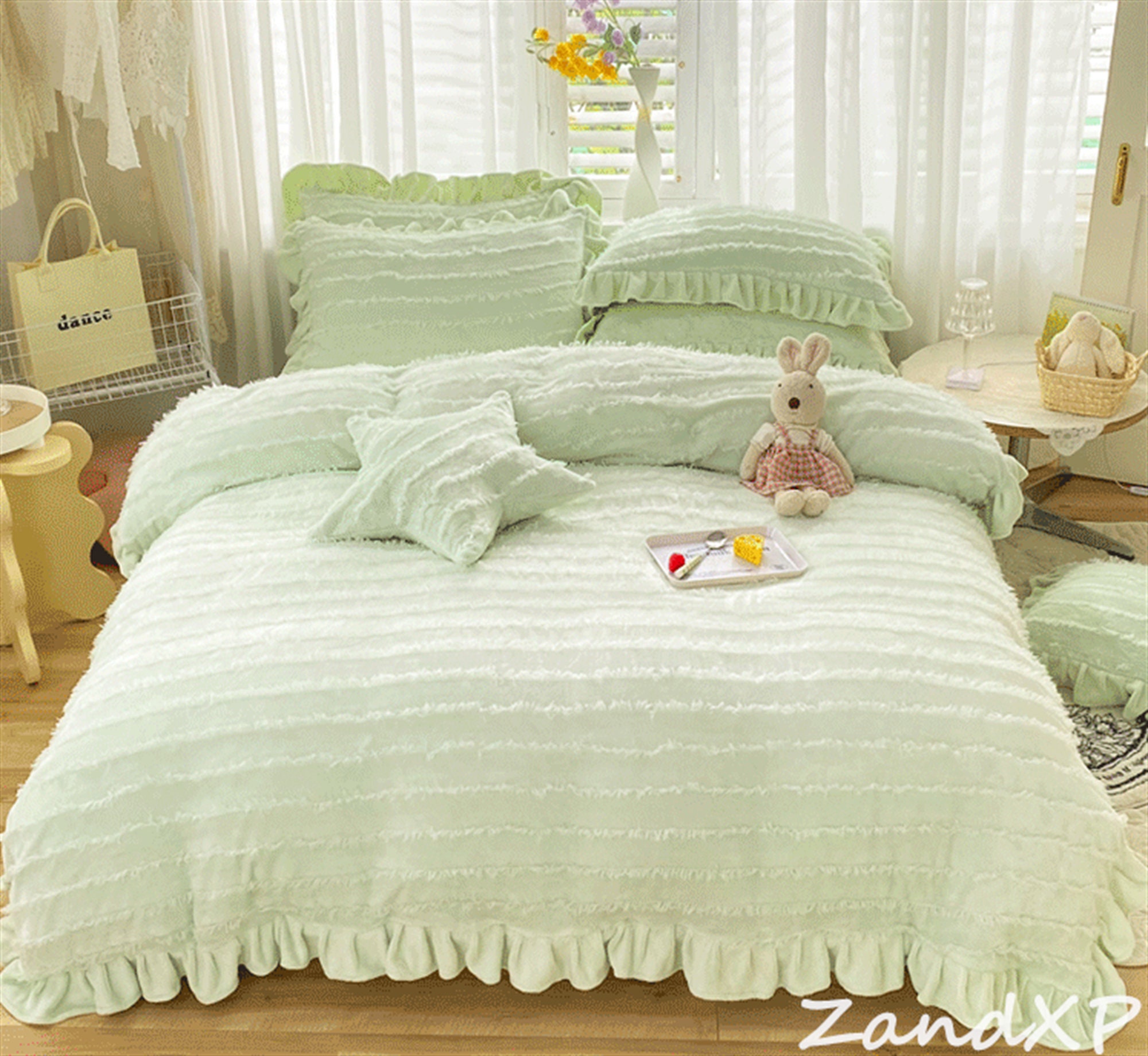 Green/pink/blue/yellow/gray Duvet Cover Set Ruffle Duvet Cover Warm