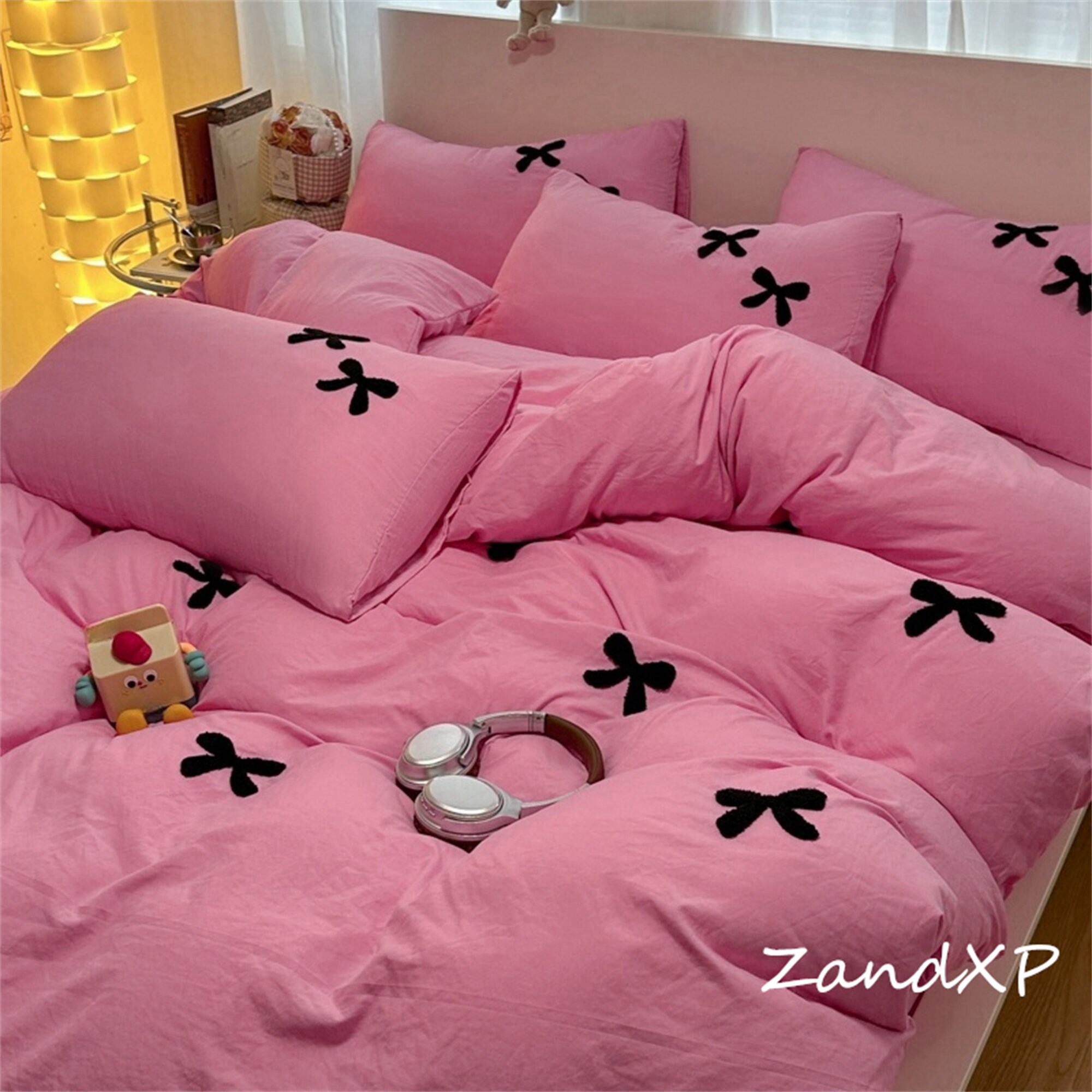 New Pink Solid Duvet Cover With Black Bows,red Rose Duvet Cover With