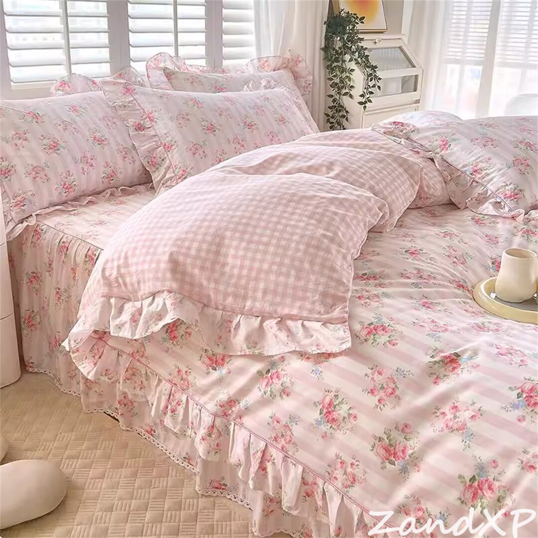 Pink Flowers Duvet Cover Cotton Duvet Cover Ruffled Comforter Cover
