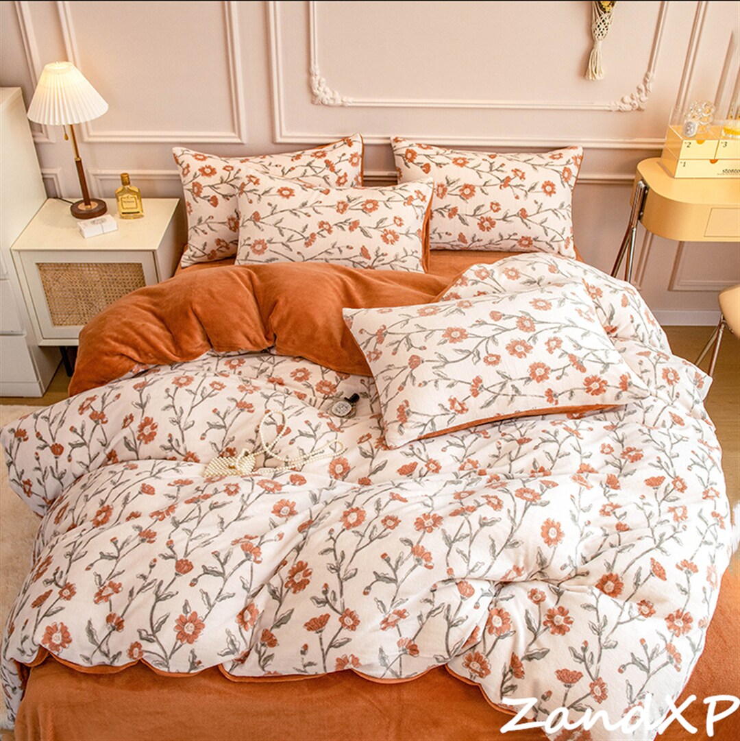 Orange Duvet Cover Warm Velvet Bedding Sets Flower Duvet Cover Pillow