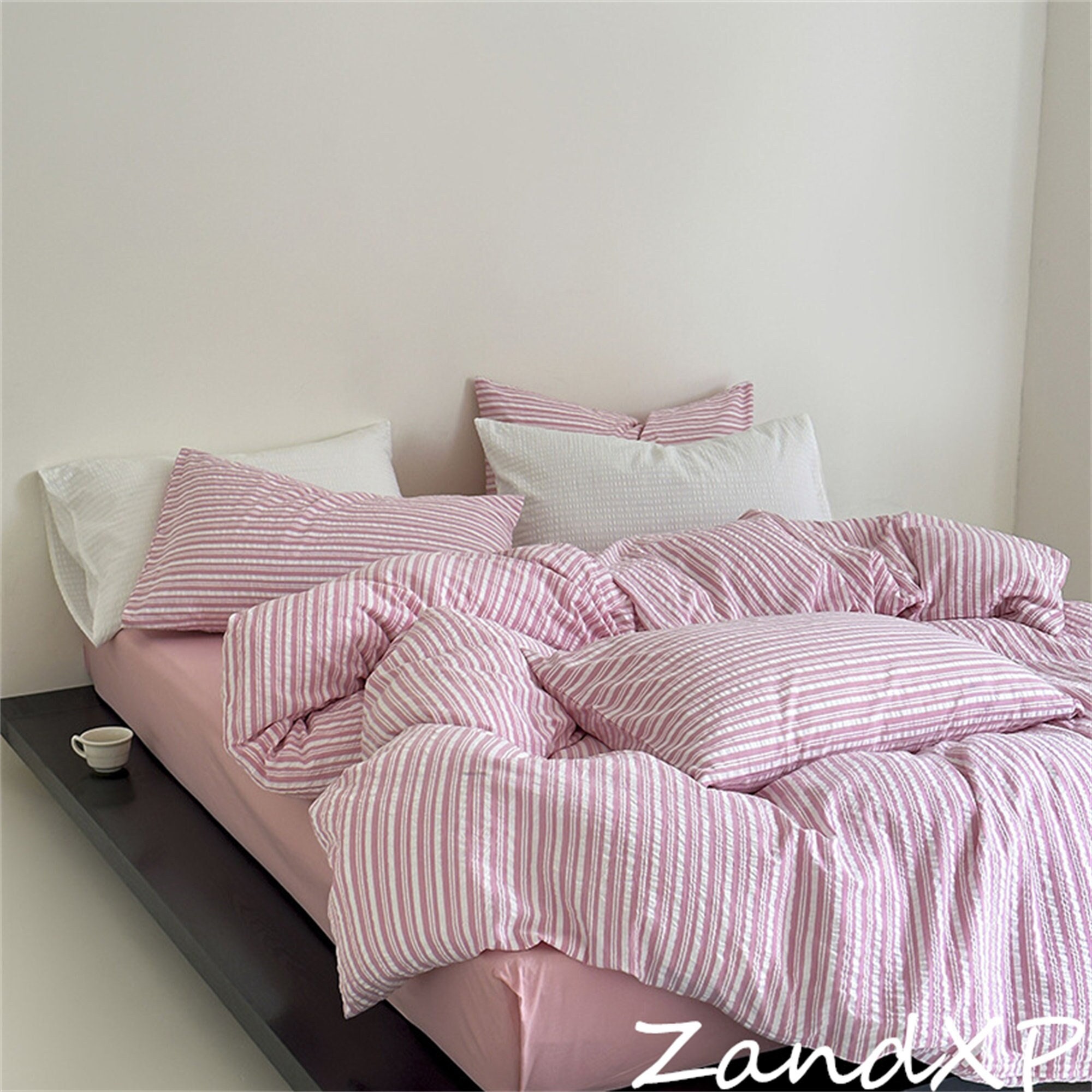 Pink Striped Duvet Cover With Pillowcases,highquality 100cotton Duvet