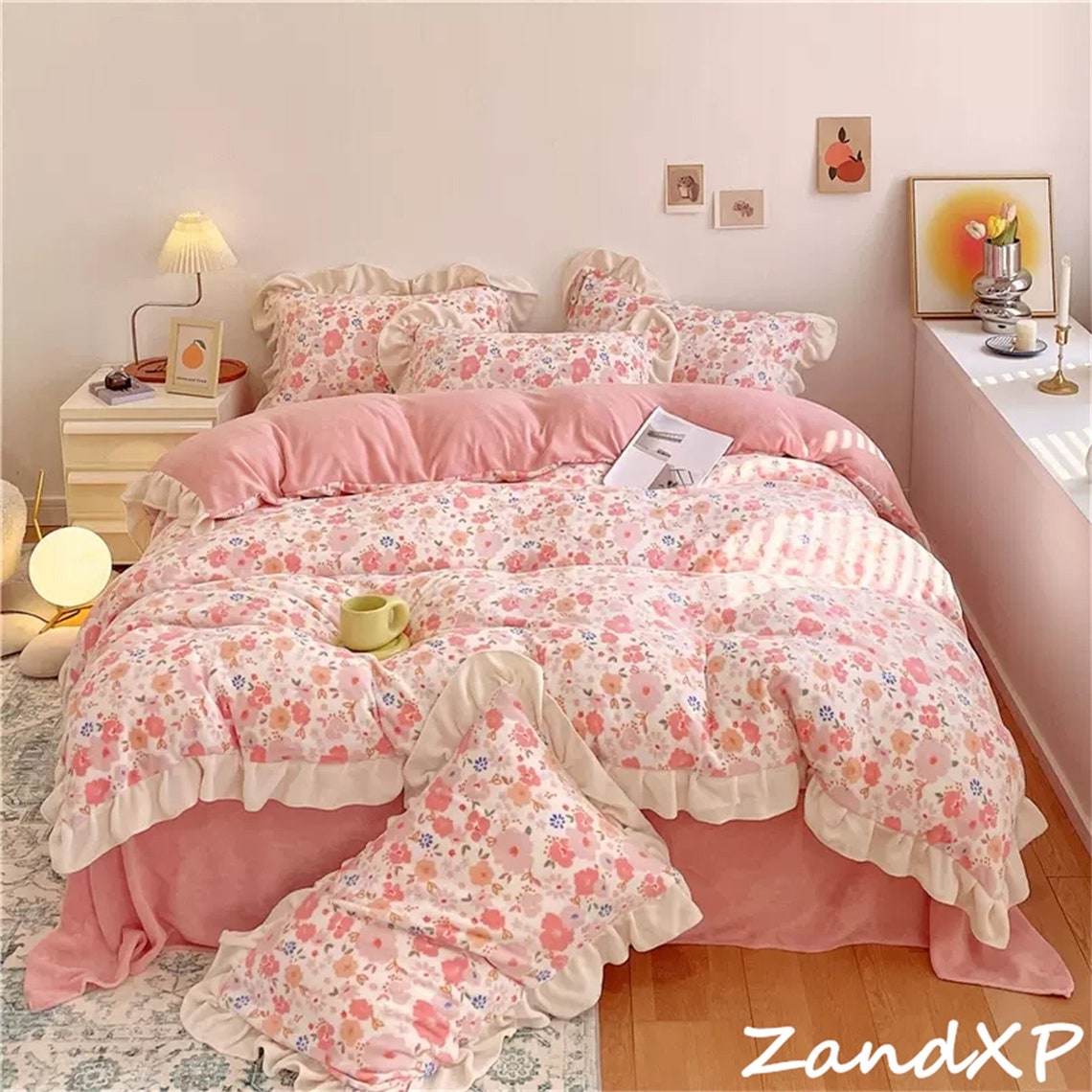 Pink Velvet Duvet Cover Set Warm Velvet Bedding Ruffled Duvet Cover