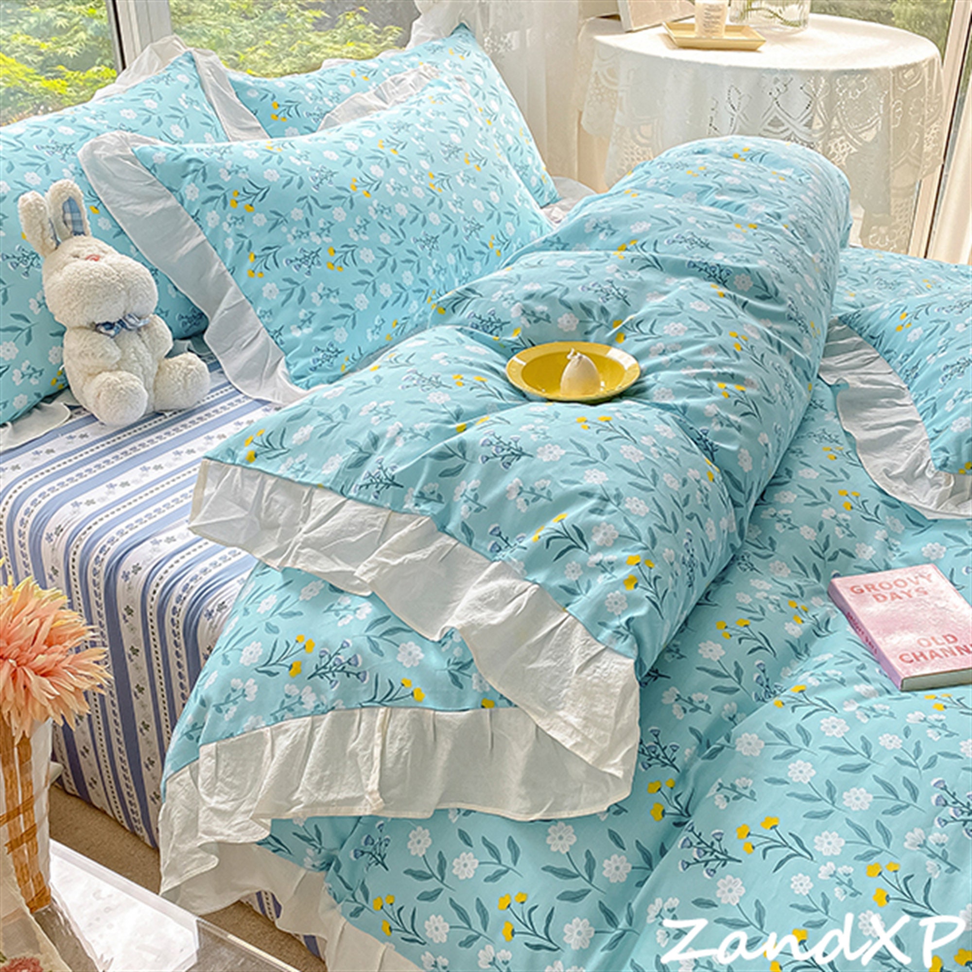 4PCS Vintage Duvet Cover Set, Wavy Edge Duvet Cover, Cotton Bedding