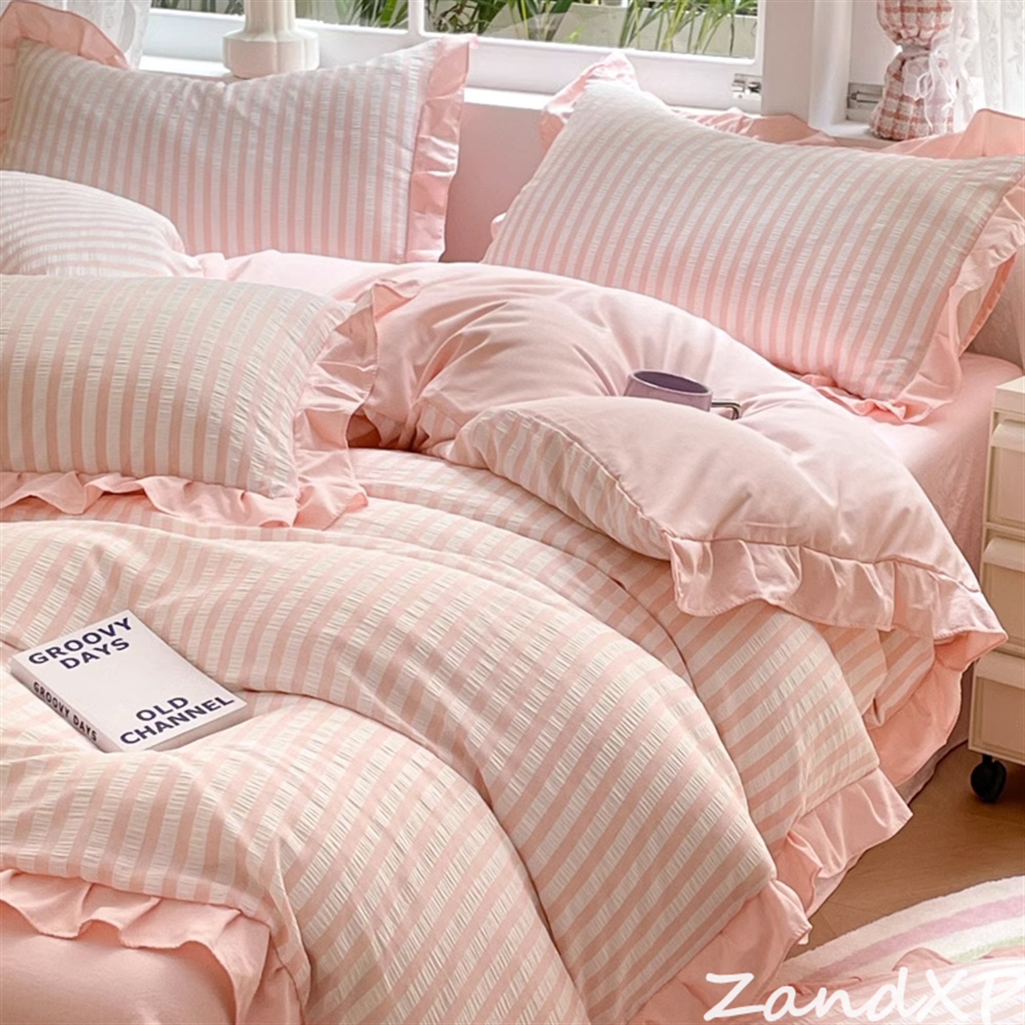 Pink Striped Duvet Cover, Ruffle Comforter Cover With Pillowcases ...