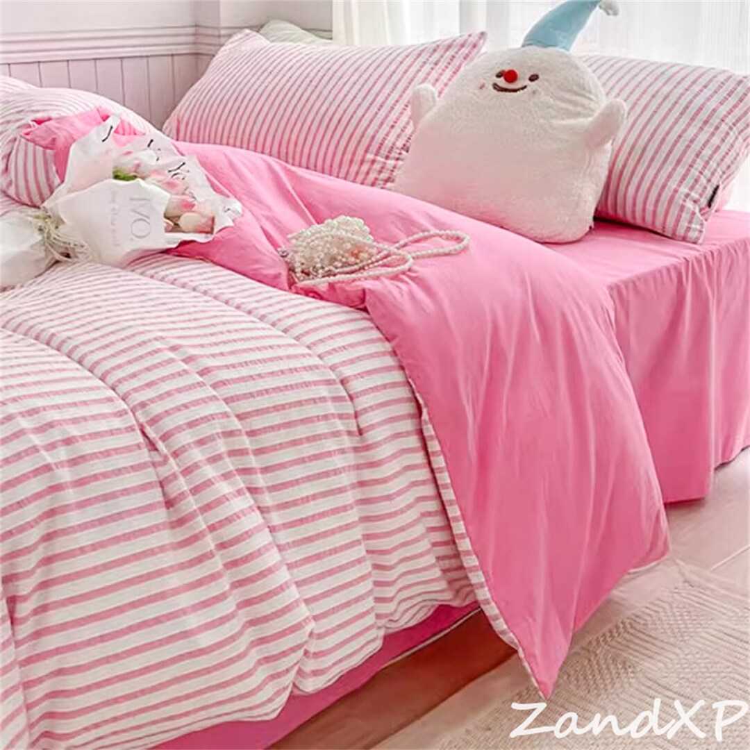 Rose Pink Striped Duvet Cover, Soft Comforter Cover With Pillowcases