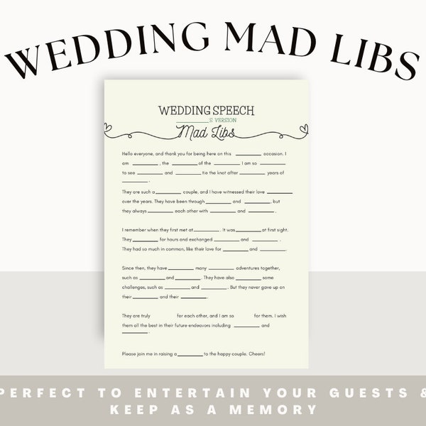 Wedding Mad Libs - Funny and Personalized Wedding Speech Game - Printable PDF - 5 Themes Included