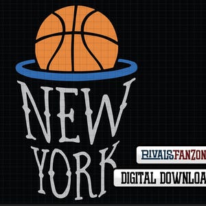May include: A digital graphic featuring a basketball in an orange and brown color scheme, positioned above a blue hoop. The word "NEW YORK" is displayed in white, stylized text below the hoop. The image is set against a black background with a grid pattern.