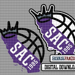 May include: Purple and white Sacramento Kings logo with a basketball graphic and the text "SAC 1985".