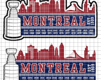 Puede incluir: Un gráfico de estilo vintage con un palo de hockey y un disco de hockey, con un esquema de color rojo y azul. El gráfico incluye el texto "MONTREAL EST 1909" y una lista de años de 1916 a 1993.
