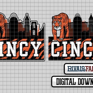 Puede incluir: Dos imágenes de un diseño de Cincinnati con un tigre, el horizonte de la ciudad y la palabra "CINCY" en letras blancas en negrita con rayas de tigre naranjas. También se incluye el texto "EST. 1968". También están presentes las palabras "RIVALS FANZONE" y "DESCARGA DIGITAL".