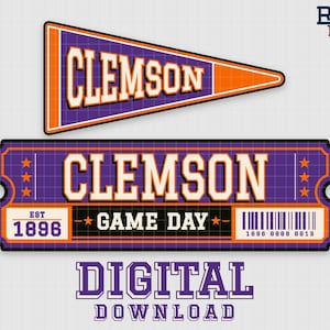 May include: A purple and orange Clemson pennant and a rectangular ticket graphic featuring the text CLEMSON, GAME DAY, EST 1896, and a barcode. The design includes the RIVALS FANZONE logo and the text DIGITAL DOWNLOAD in purple block letters.