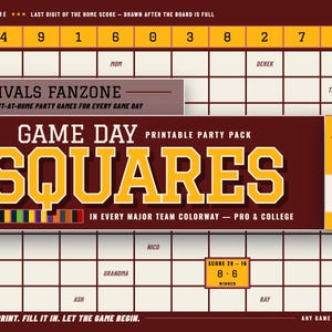 May include: A printable game day squares party pack featuring a maroon and yellow grid with 100 squares. The text reads Rivals Fanzone, Game Day Squares, 100 Squares, 4 Chances to Win, and Print, Fill It In. Let The Game Begin.