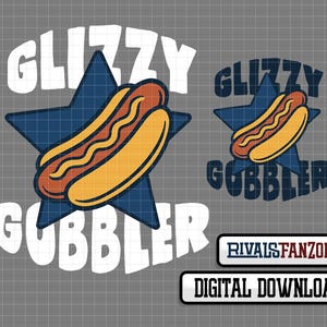 Puede incluir: Gráfico digital con una ilustración de perrito caliente y el texto "GLIZZY GOBBLER" en blanco y azul marino. El perrito caliente está sobre una estrella azul marino. La imagen también incluye el texto "RIVALS FANZONE" y "DESCARGA DIGITAL".
