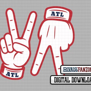 May include: A white hand gesture forming the peace sign with red outlines. The fingers are raised to form a "V" shape. The letters "ATL" are in a red rectangle at the base of each hand. The image also includes the text "RIVALSFANZONE" and "DIGITAL DOWNLOAD".