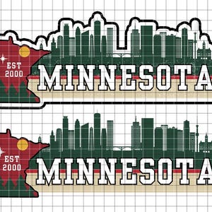 May include: A black and white graphic design of the Minneapolis skyline with the text "EST 2000" and "MINNESOTA" in a vintage style.