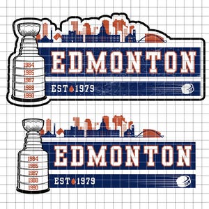 Op de afbeelding: Een blauwe en rode afbeelding met een hockeystick en een puck. De afbeelding zegt "EDMONTON EST 1979" en vermeldt de jaren 1984, 1985, 1987, 1988 en 1990.