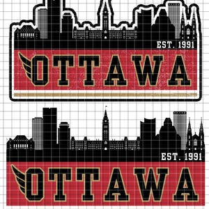 May include: Black and white silhouette of the Ottawa skyline with the text "OTTAWA EST. 1991" in red and gold lettering on a red and gold banner.