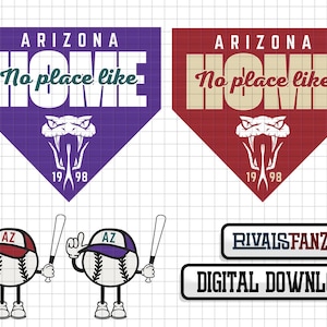 May include: Two baseball-themed digital downloads featuring a purple and red Arizona home base design with a snake logo and the text "Arizona Home No place like home 1998". The designs are accompanied by two cartoon baseball characters with the text "AZ" on their hats.