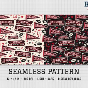 Cincinnati Football Seamless Pattern (Red & Black) – 12x12 Digital Paper, Light Dark, Fabric and Sublimation, Instant Download