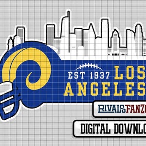 May include: A blue and yellow graphic design featuring a stylised Los Angeles Rams helmet with a city skyline and the text "EST 1937 LOS ANGELES" and "RIVALS FANZONE DIGITAL DOWNLOAD".