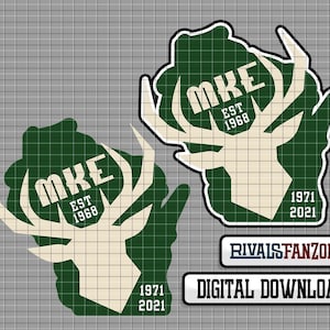 May include: Green silhouette of the state of Wisconsin with a white deer head inside. The deer head has antlers and the text "MKE EST 1968" on the forehead. The text "1971 2021" is at the bottom of the silhouette. The text "RIVALS FANZONE DIGITAL DOWNLOAD" is at the bottom of the image.