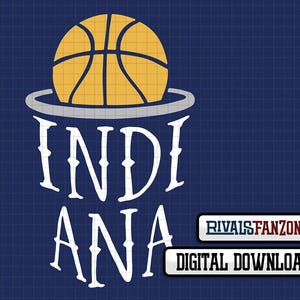 May include: A digital graphic featuring a basketball going through a hoop, with the word "INDIANA" in a stylized font below. The background is a dark blue grid pattern. The image also includes the text "RIVALSFANZONE" and "DIGITAL DOWNLOAD".