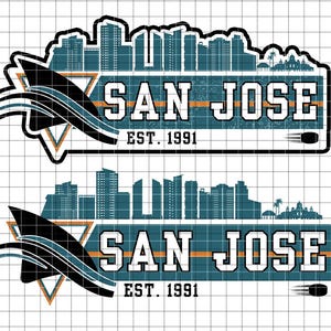 Könnte beinhalten: Zwei Grafikdesigns mit einer stilisierten Stadtlandschaft und dem Text "SAN JOSE EST. 1991" in weißen Buchstaben auf einem blaugrünen Hintergrund mit orangefarbenen Akzenten. Das obere Design zeigt ein schwarz-weißes Wellenmuster. Das untere Design zeigt ein schwarz-weißes Wellenmuster mit einem weißen Dreieck.