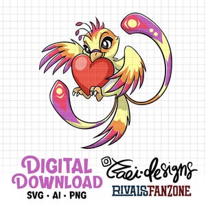 Puede incluir: Un pájaro de dibujos animados con plumas amarillas, naranjas y moradas, sosteniendo un corazón rojo. La imagen incluye el texto "DESCARGA DIGITAL" y "SVG • AI • PNG". El pájaro tiene una expresión amigable y está sobre un fondo de cuadrícula.