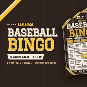 San Diego Baseball Bingo – 12 Card Pack, Printable Bingo Cards, Ballpark Watch Party Game, Instant Download, Baseball Party Game