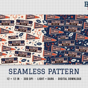 May include: A seamless digital pattern featuring Illinois game day tickets, pennants, footballs, and goalposts in orange, navy blue, and cream. The design includes the text RIVALS FANZONE, SEAMLESS PATTERN, 12 x 12 IN, 300 DPI, LIGHT + DARK, DIGITAL DOWNLOAD.