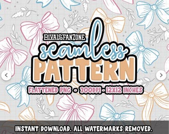 Op de afbeelding: Een naadloze patroon digitale download met een herhalend ontwerp van pastelroze, blauwe en gele strikken op een grijze achtergrond. De tekst "RIVALSFANZONE seamless PATTERN FLATTENED PNG - 300DPI - 12X12 INCHES" is zichtbaar in het midden van de afbeelding.  INSTANT DOWNLOAD. ALL WATERMARKS REMOVED. DIGITAL DOWNLOAD ONLY. NO PHYSICAL ITEMS SENT.