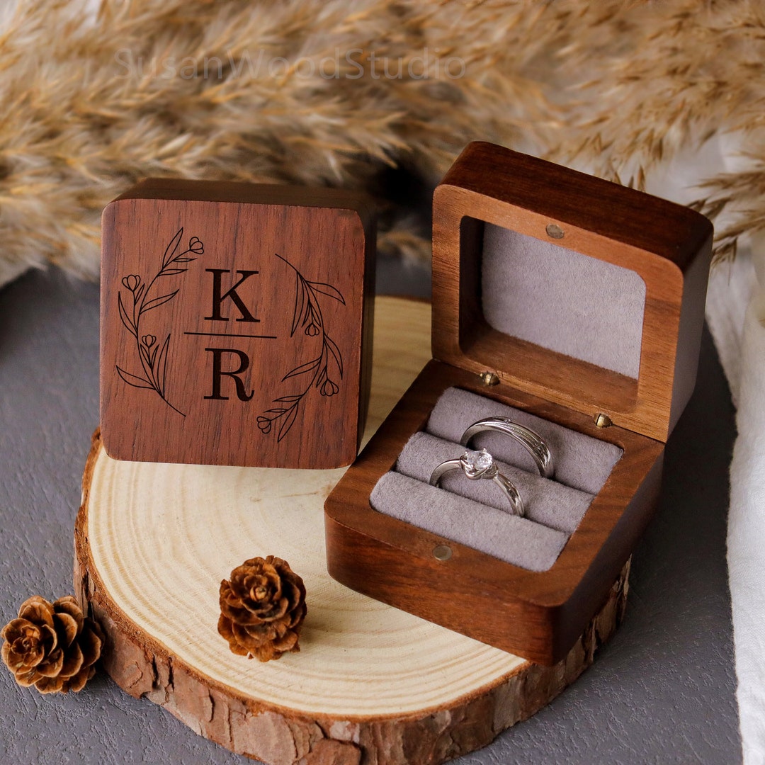Custom Engagement Ring Box Double Slot Ring Box, Personalized Wedding Ring Bearer, Engraved