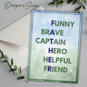 Biglietto d'auguri stampabile per la festa del papà, divertente, coraggioso capitano eroe amico / Biglietto d'auguri fai da te A7 5x7 con download istantaneo / Auguri di auguri per papà con poesia acrostica per lui