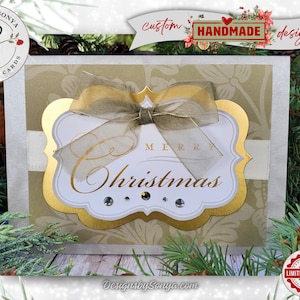 Gold & Ivory Christmas Card with Bow and Rhinestones | Elegant A7 Handcrafted Holiday Greeting | Limited Edition Keepsake