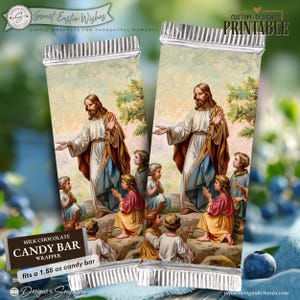 May include: Two candy bar wrappers featuring a religious image of Jesus with children. The wrappers have silver tops and bottoms. Text includes "Sweet Easter Wishes" and "Milk Chocolate Candy Bar Wrapper fits a 44g candy bar".