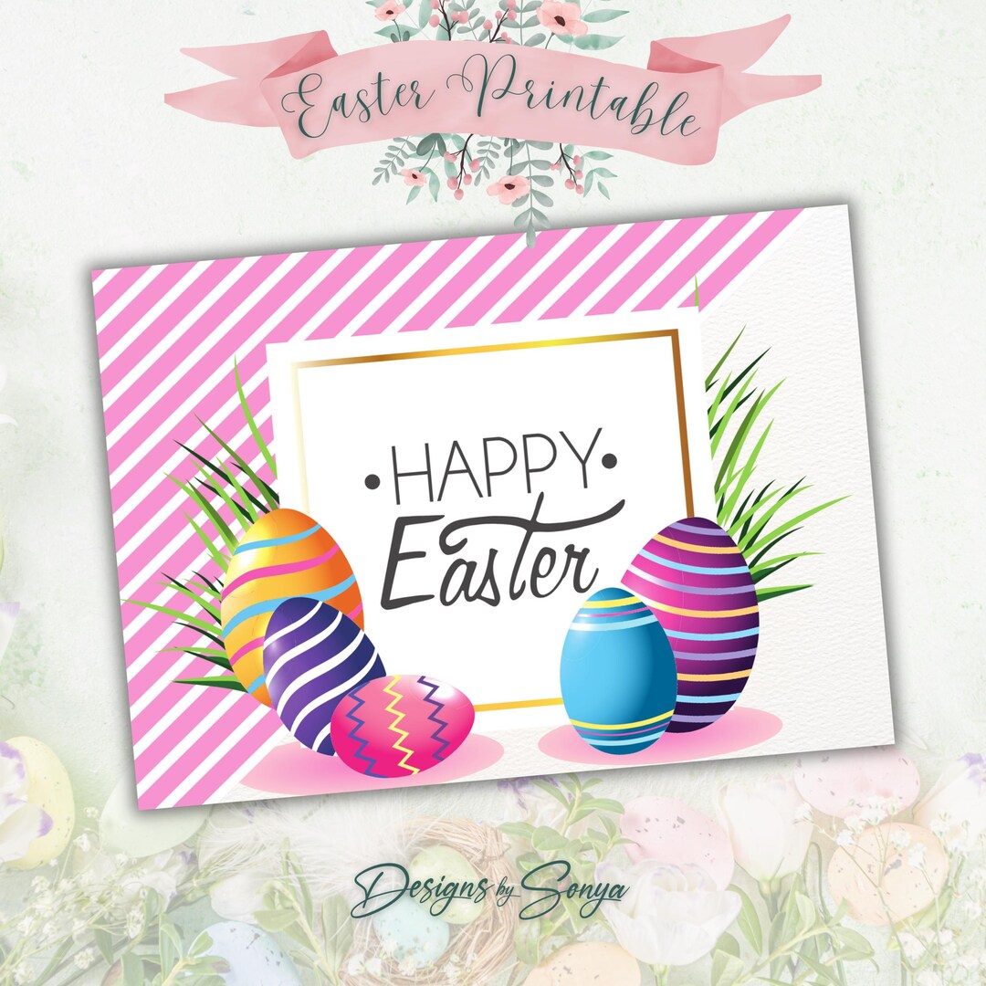 Happy Easter Printable – 5x7 Folded Greeting, Framed Easter Eggs Card ...