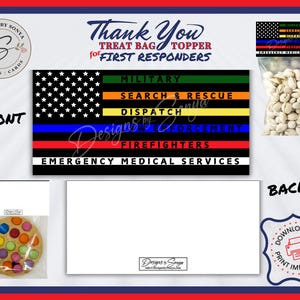 Könnte beinhalten: Druckbarer Leckerli-Beutel-Topper mit einer amerikanischen Flagge und dem Text "Vielen Dank Leckerli-Beutel-Topper für Ersthelfer". Der Topper zeigt eine dünne blaue Linie, eine gelbe Linie und eine rote Linie mit den Worten "Militär", "Suche und Rettung", "Einsatzleitung", "Polizei" und "Feuerwehr" auf jeder Linie. Die Worte "Rettungsdienst" sind unten auf dem Topper gedruckt.