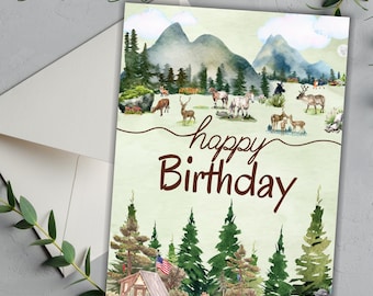 Puede incluir: Una ilustración de acuarela de una escena de bosque con montañas, árboles, una cabaña y animales. El texto "happy birthday" está escrito en letras cursivas marrones sobre un fondo verde claro.